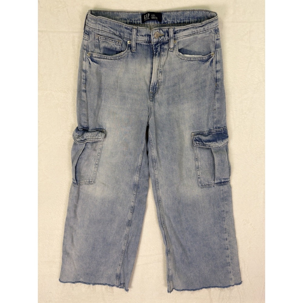 Gap Jeans Womens 6/28‎ Short Blue Light Wash High Rise Wide Leg Cargo Fringe